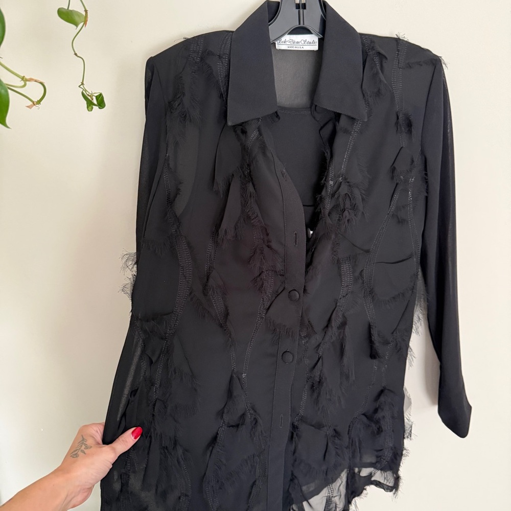 Vintage Black sheer long sleeve blouse with ruffle and texture details.